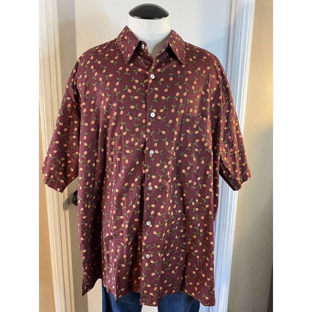 Tori Richard Shirt Men's Large Red Hawaiian Pineapple Print‎ Button-Up